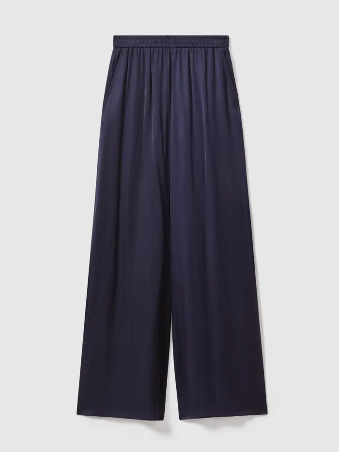 Women Reiss Pants Yara Satin Elasticated Waist Wide Leg Trousers Navy