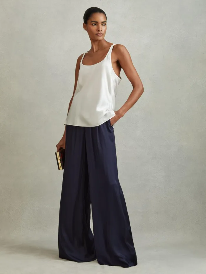 Women Reiss Pants Yara Satin Elasticated Waist Wide Leg Trousers Navy