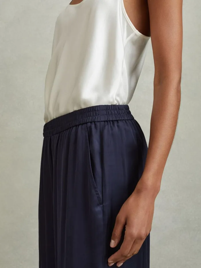 Women Reiss Pants Yara Satin Elasticated Waist Wide Leg Trousers Navy