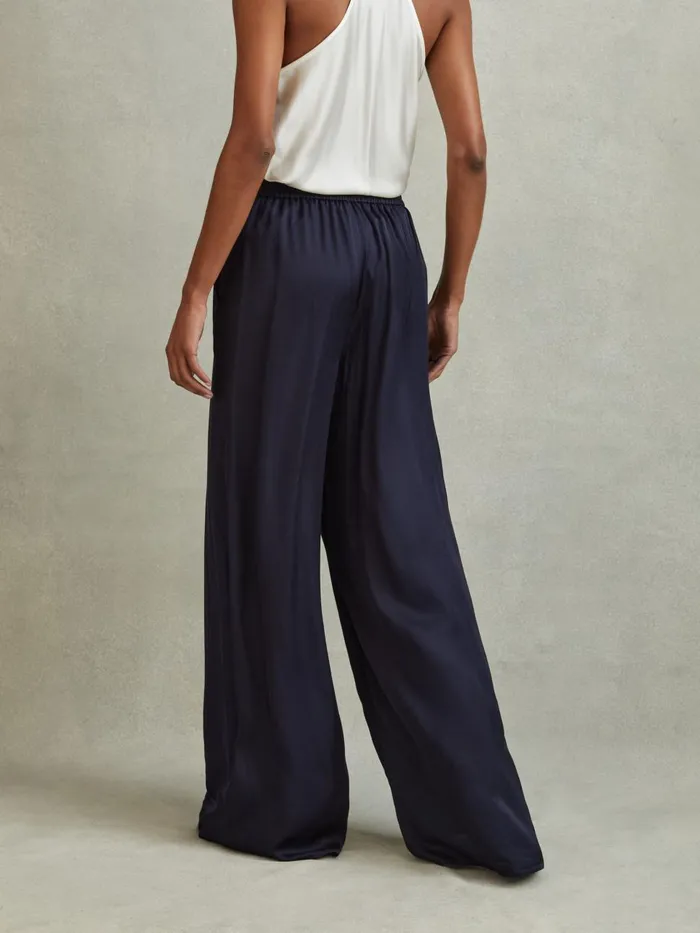 Women Reiss Pants Yara Satin Elasticated Waist Wide Leg Trousers Navy