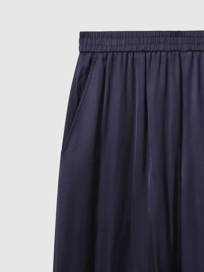 Women Reiss Pants Yara Satin Elasticated Waist Wide Leg Trousers Navy