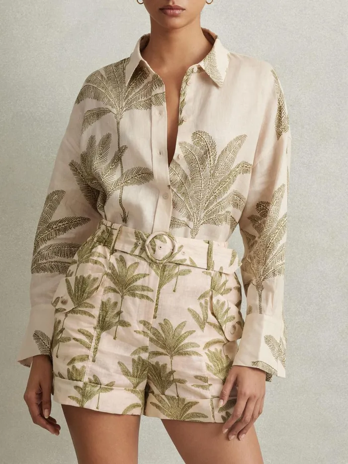 Women Reiss Shorts Cali Linen Tropical Print Shorts Neutral