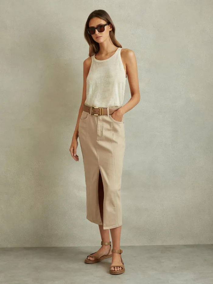 Women Reiss Skirts Danica High Rise Denim Midi Skirt Stone