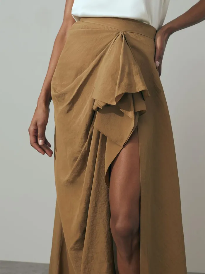Women Reiss Skirts Drape Front Maxi Skirt Toffee
