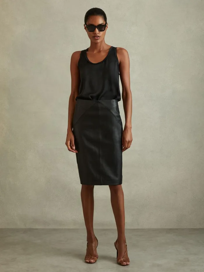 Women Reiss Skirts Raya Leather High Rise Midi Skirt Black