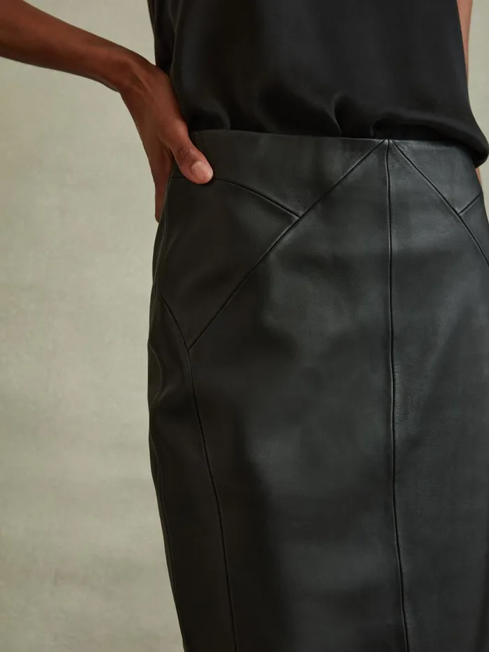 Women Reiss Skirts Raya Leather High Rise Midi Skirt Black