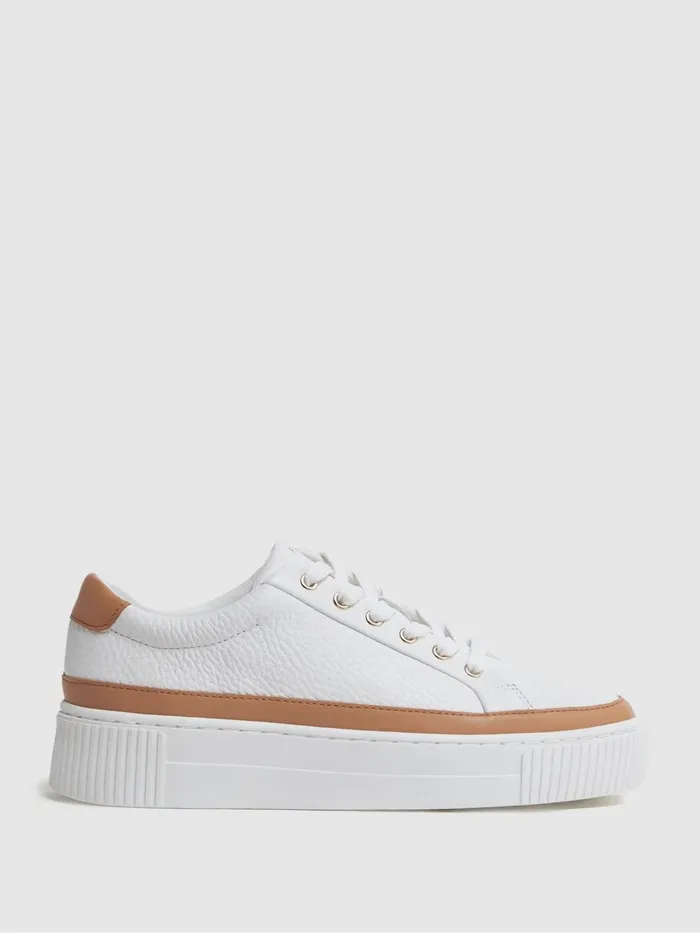 Women Reiss Sneakers Leanne Grained Leather Platform Trainers Camelwhite