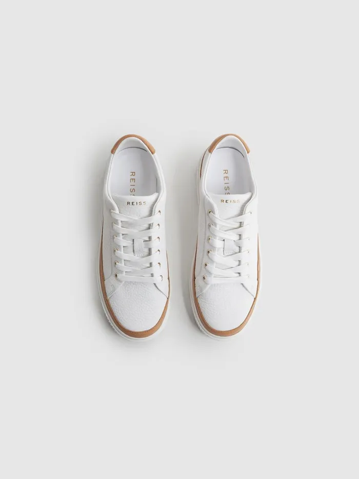 Women Reiss Sneakers Leanne Grained Leather Platform Trainers Camelwhite