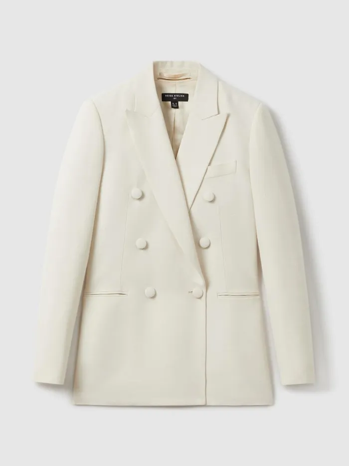 Women Reiss Suits and Tailoring Italian Double Breasted Textured Suit Blazer With Silk White