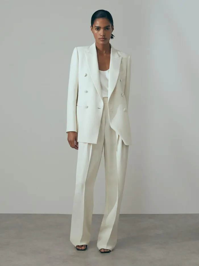 Women Reiss Suits and Tailoring Italian Double Breasted Textured Suit Blazer With Silk White