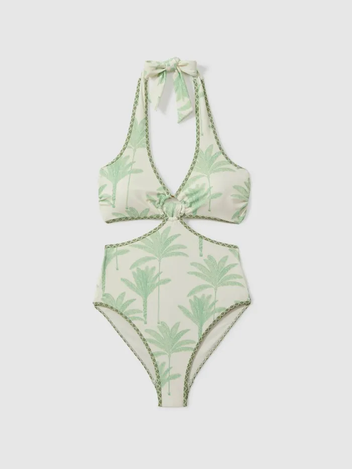 Women Reiss Swimwear Gabriella Palm Tree Halter Neck Swimsuit Greencream