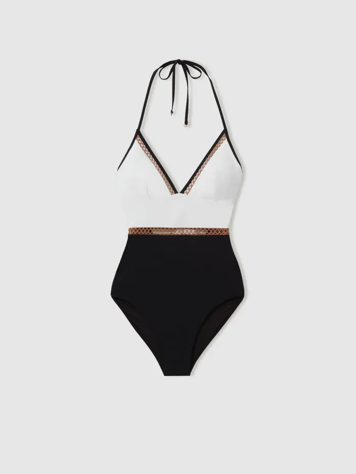 Women Reiss Swimwear Ray Colourblock Halter Swimsuit Whitetan