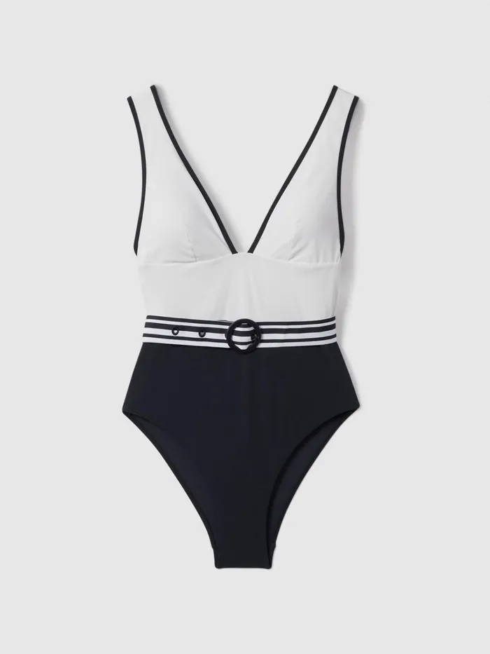 Women Reiss Swimwear Willow Colourblock Belted Swimsuit Whitenavy