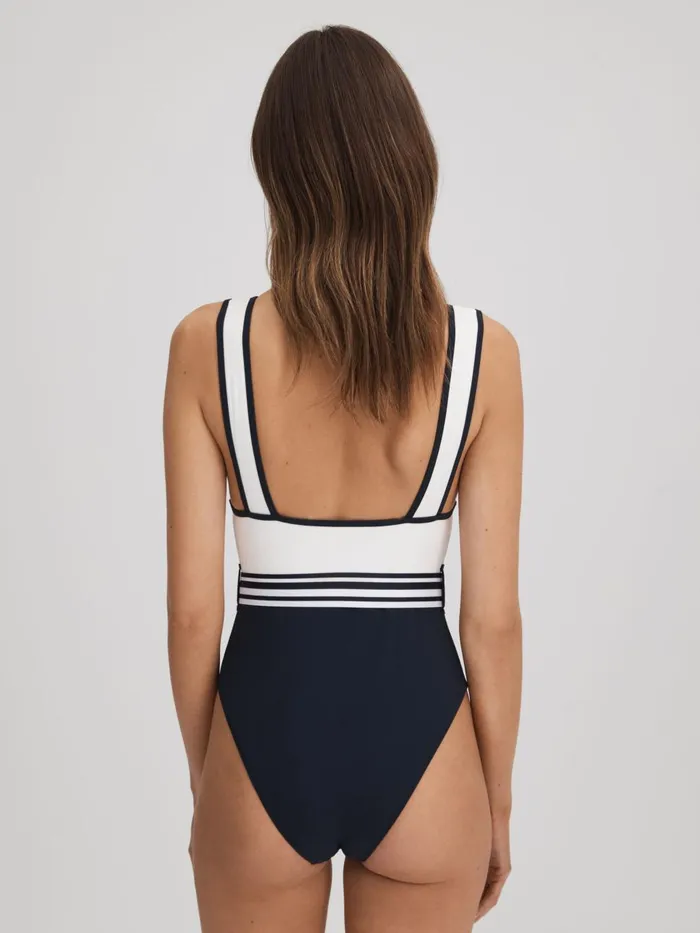 Women Reiss Swimwear Willow Colourblock Belted Swimsuit Whitenavy