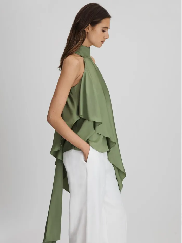Women Reiss Tops Elsie Asymmetric Draped Blouse Green