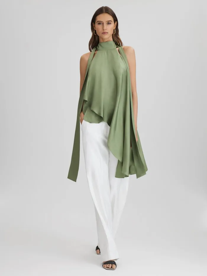 Women Reiss Tops Elsie Asymmetric Draped Blouse Green