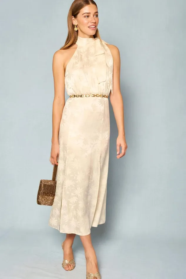 Women RIXO All Bridal Valerie Silk Midi Dress Daisy Jacquard Champagne