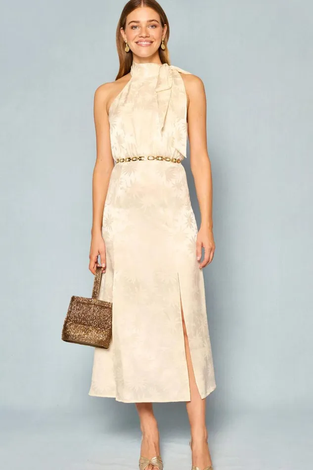 Women RIXO All Bridal Valerie Silk Midi Dress Daisy Jacquard Champagne