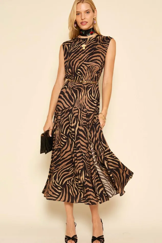 Women RIXO All Clothing Coralie Midi Dress Tiger Patchwork Black