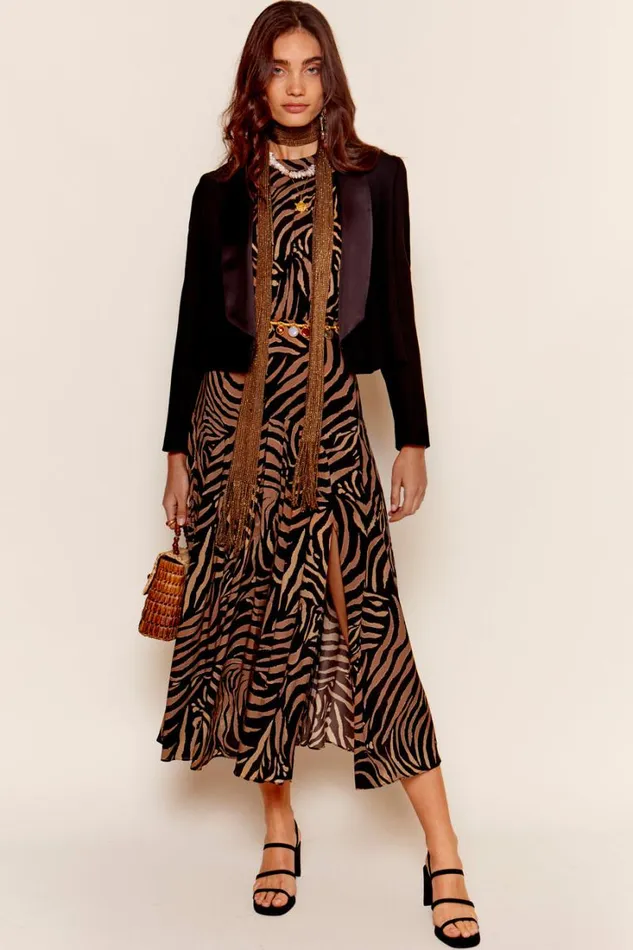 Women RIXO All Clothing Coralie Midi Dress Tiger Patchwork Black