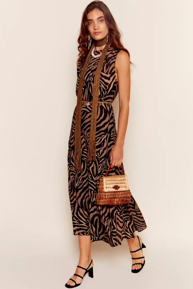 Women RIXO All Clothing Coralie Midi Dress Tiger Patchwork Black
