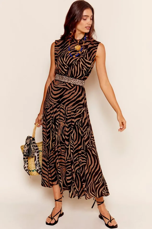 Women RIXO All Clothing Coralie Midi Dress Tiger Patchwork Black