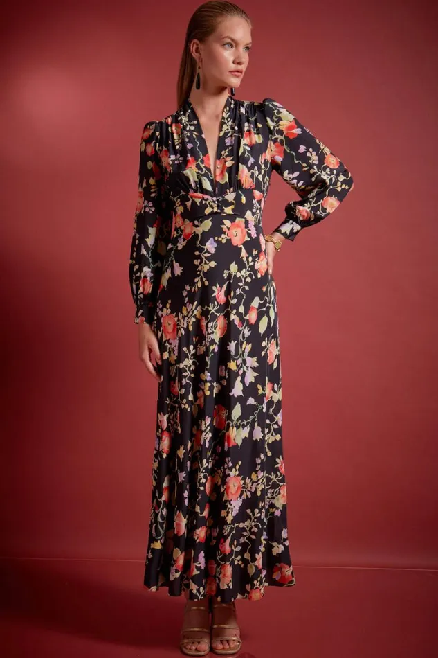 Women RIXO All Clothing Emory Silk Gown Waterblossom Noir