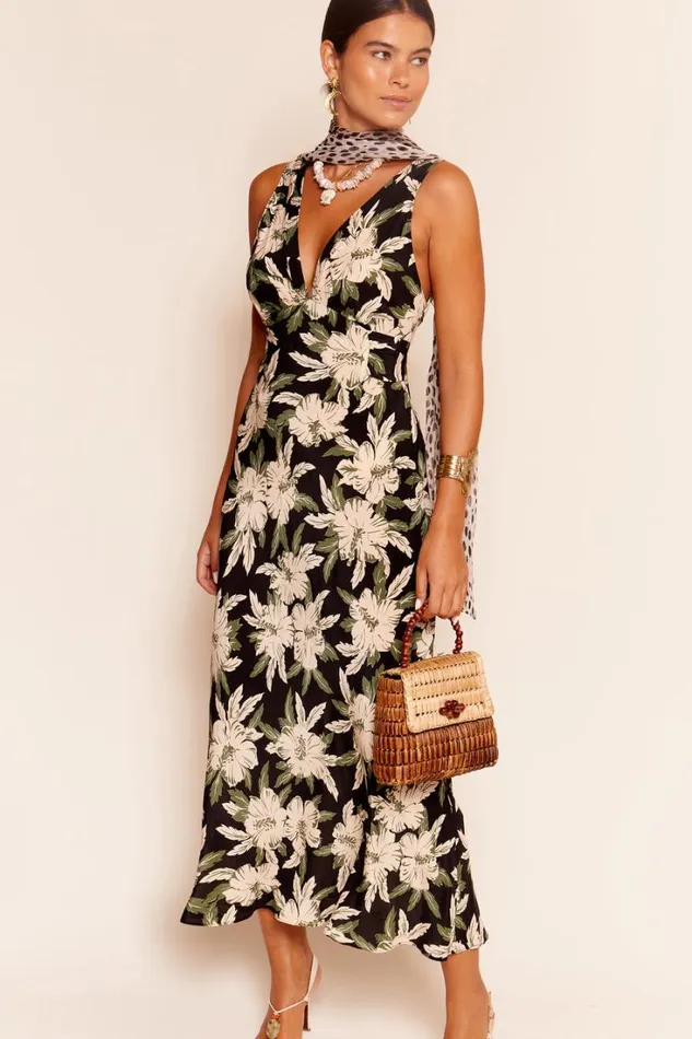 Women RIXO All Clothing Lauriane Silk Midi Dress Hibiscus Black