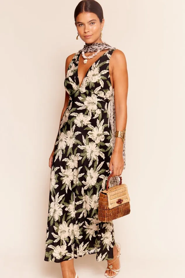 Women RIXO All Clothing Lauriane Silk Midi Dress Hibiscus Black