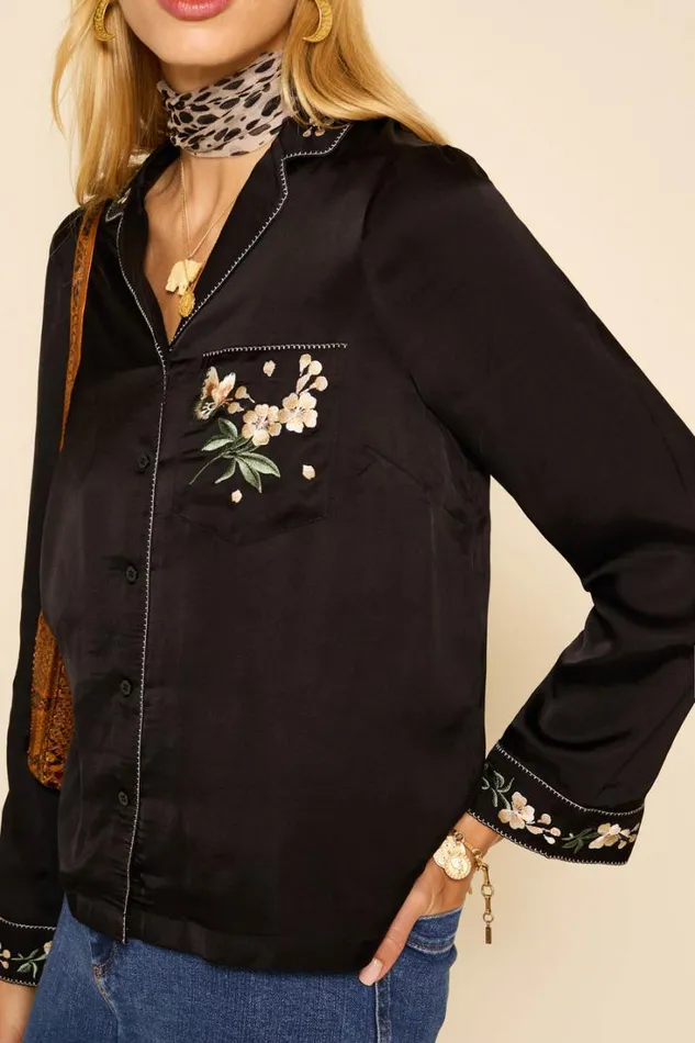 Women RIXO All Clothing Mollie Satin Shirt Blossom Embroidery Pink