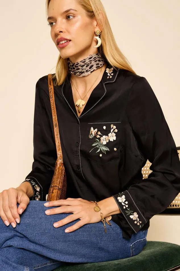 Women RIXO All Clothing Mollie Satin Shirt Blossom Embroidery Pink
