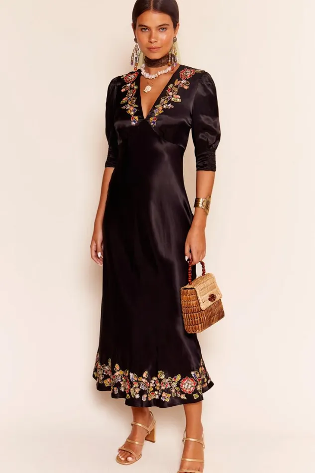 Women RIXO All Clothing Zadie Midi Dress Waterblossom Embellishment Black