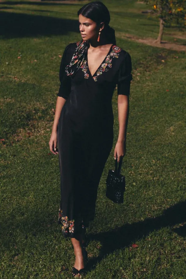 Women RIXO All Clothing Zadie Midi Dress Waterblossom Embellishment Black