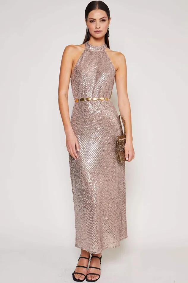 Women RIXO All Clothing Zuri Sequinned Midi Dress Embellishment Gold
