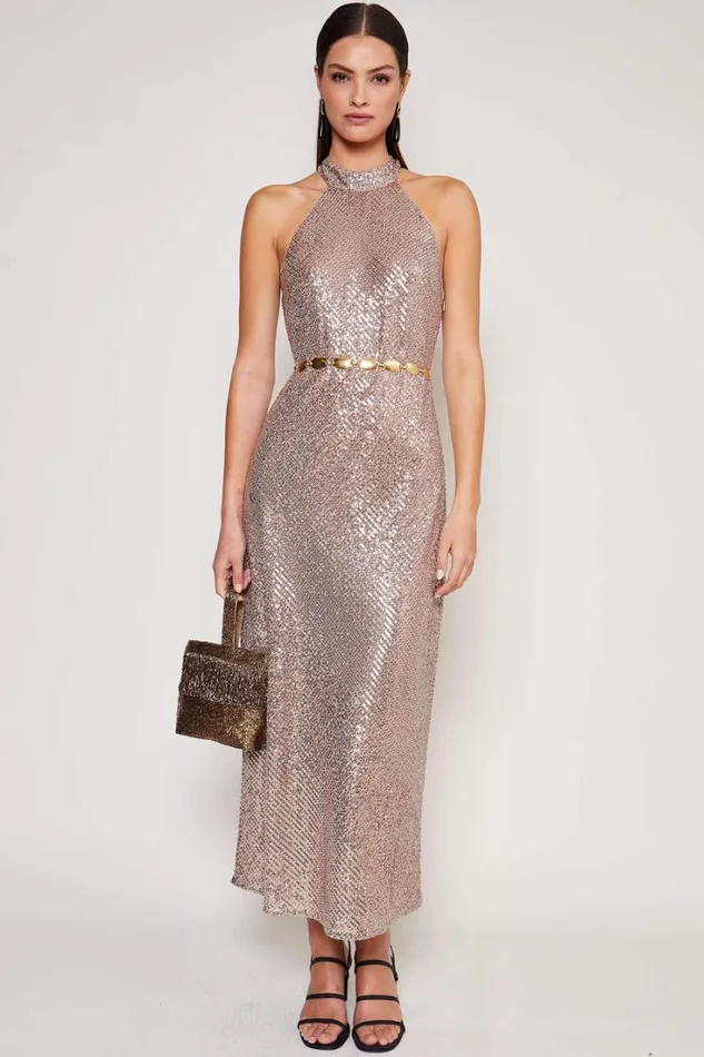 Women RIXO All Clothing Zuri Sequinned Midi Dress Embellishment Gold