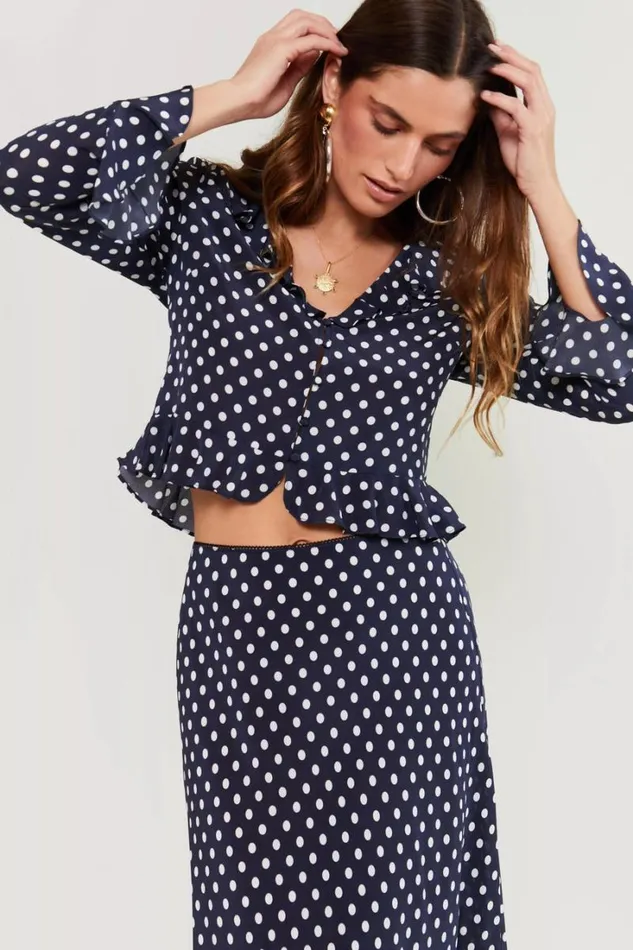 Women RIXO Extended Sizing Amaya PolkaDot Silk Top Runway Spot Navy
