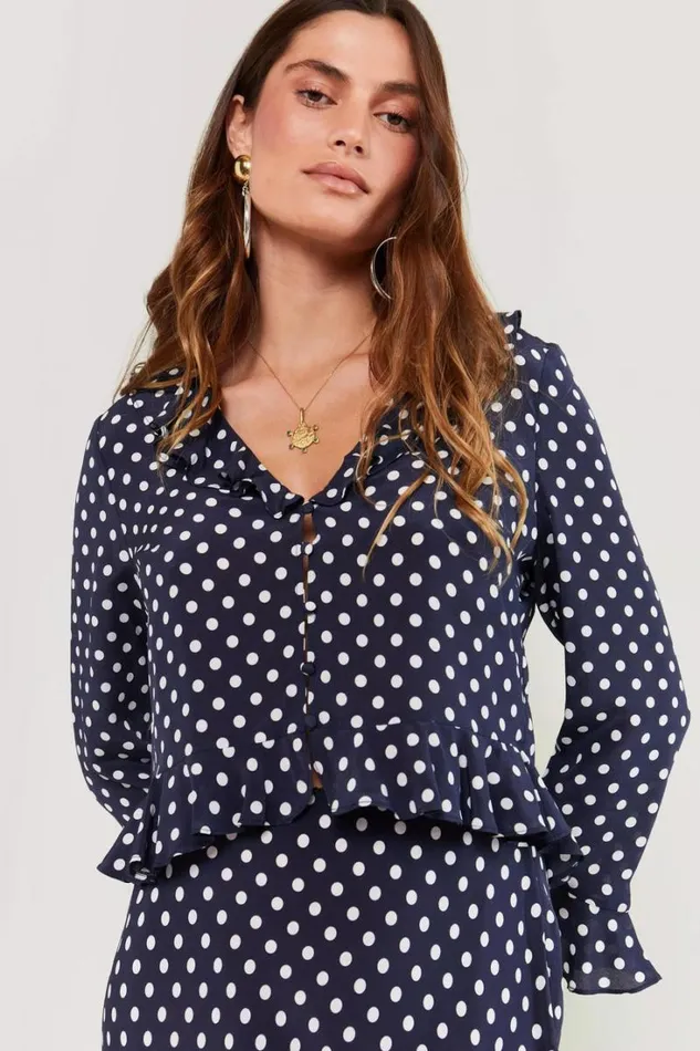 Women RIXO Extended Sizing Amaya PolkaDot Silk Top Runway Spot Navy