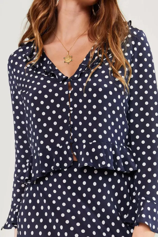 Women RIXO Extended Sizing Amaya PolkaDot Silk Top Runway Spot Navy