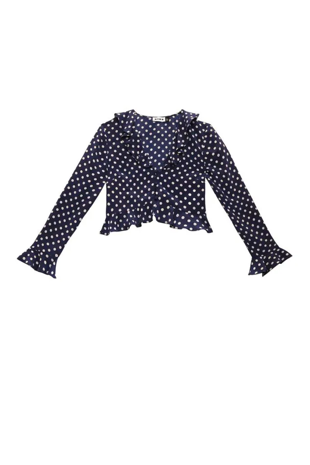 Women RIXO Extended Sizing Amaya PolkaDot Silk Top Runway Spot Navy