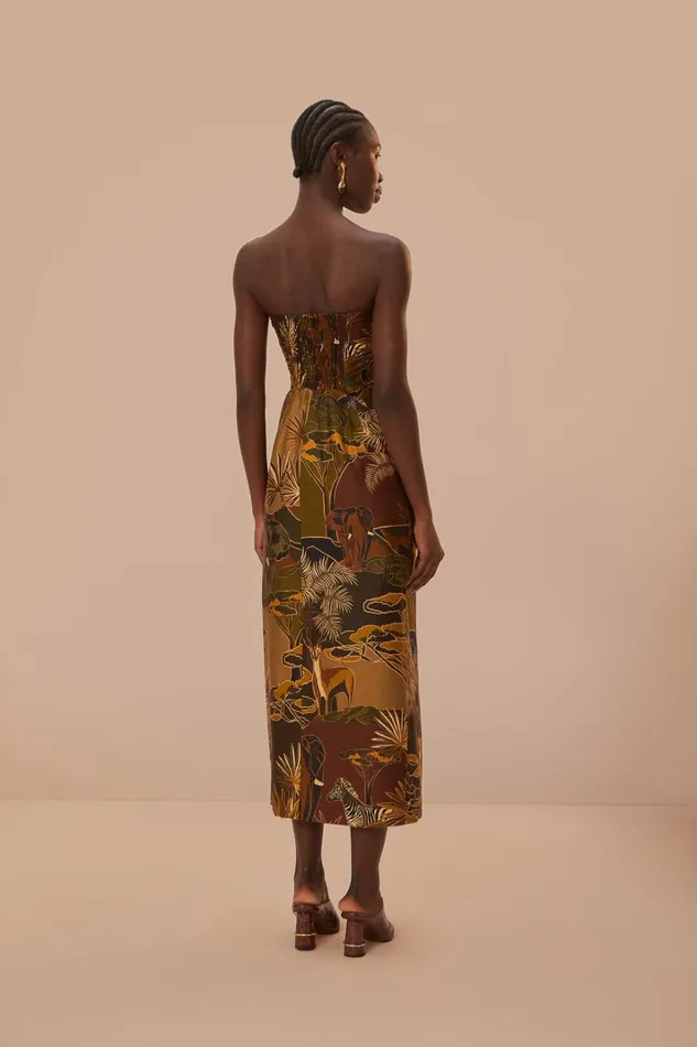 Women Savana Dream Caramel Strapless Buttonned Midi Dress Savana Dream Caramel FARM Rio Midi Dresses
