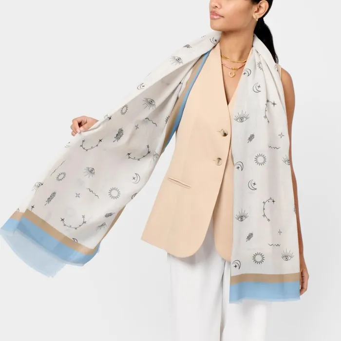 Women Scarves and Womenswear Katie Loxton Boho Celestial Printed Scarf 8211 Off White Blue And Taupe Women Scarves and Womenswear Katie Loxton Boho Celestial Printed Scarf 8211 Off White Blue And Taupe
