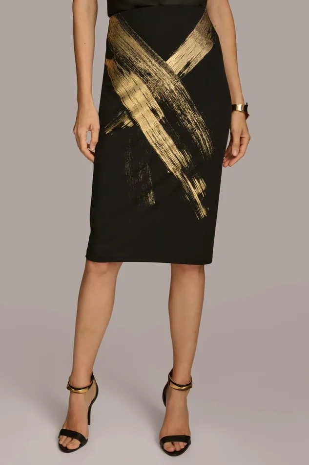 Women Skirts Donna Karan SKIRT WITH GOLD PAINT PRINT Black