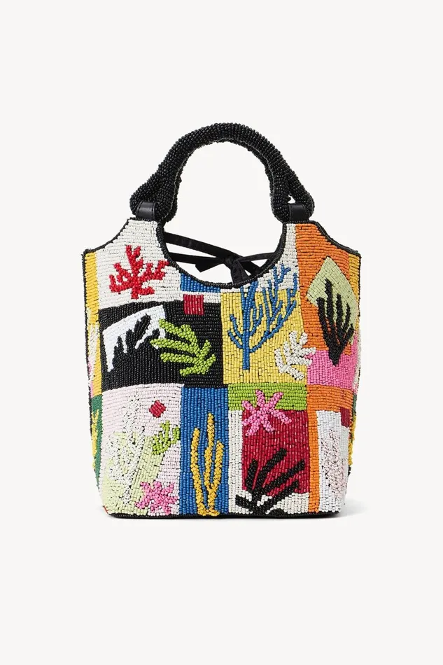 Women STAUD Bucket BEADED COTE BAG CORAL PATCHWORK