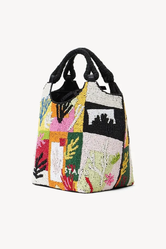 Women STAUD Bucket BEADED COTE BAG CORAL PATCHWORK