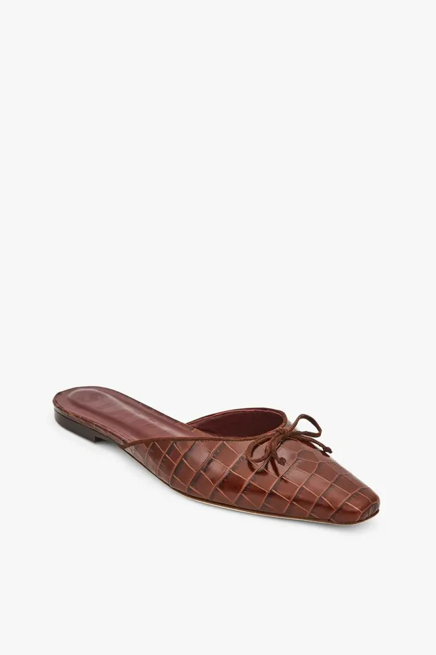 Women STAUD Mules and Flats GINA MULE BROWN CROC EMBOSSED