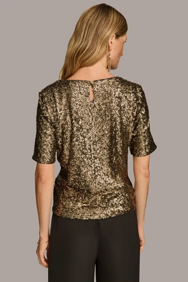 Women Sweaters And Tops Donna Karan ALL OVER SEQUIN CREW NECK TOP Blackgold