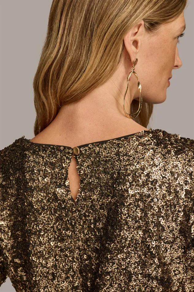 Women Sweaters And Tops Donna Karan ALL OVER SEQUIN CREW NECK TOP Blackgold