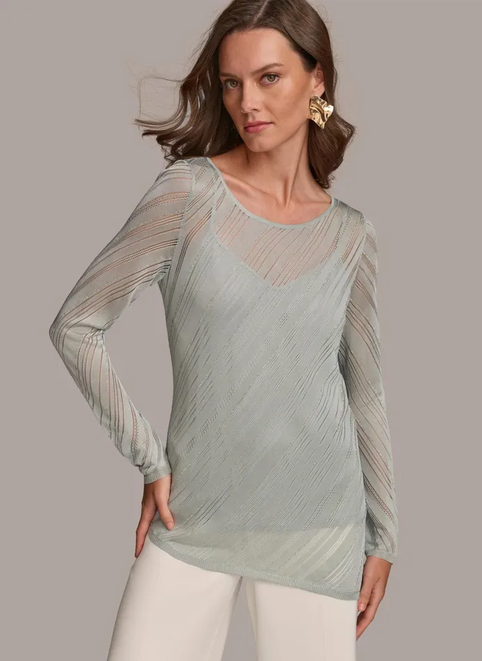 Women Sweaters And Tops Donna Karan ASYMMETRICAL HEM DIAGONAL SHIMMER Blue Frost