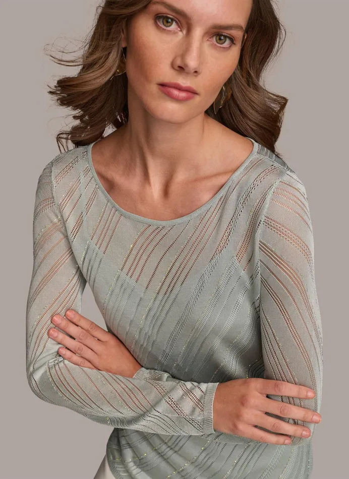Women Sweaters And Tops Donna Karan ASYMMETRICAL HEM DIAGONAL SHIMMER Blue Frost