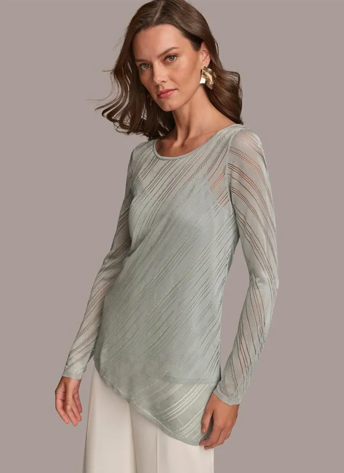 Women Sweaters And Tops Donna Karan ASYMMETRICAL HEM DIAGONAL SHIMMER Blue Frost